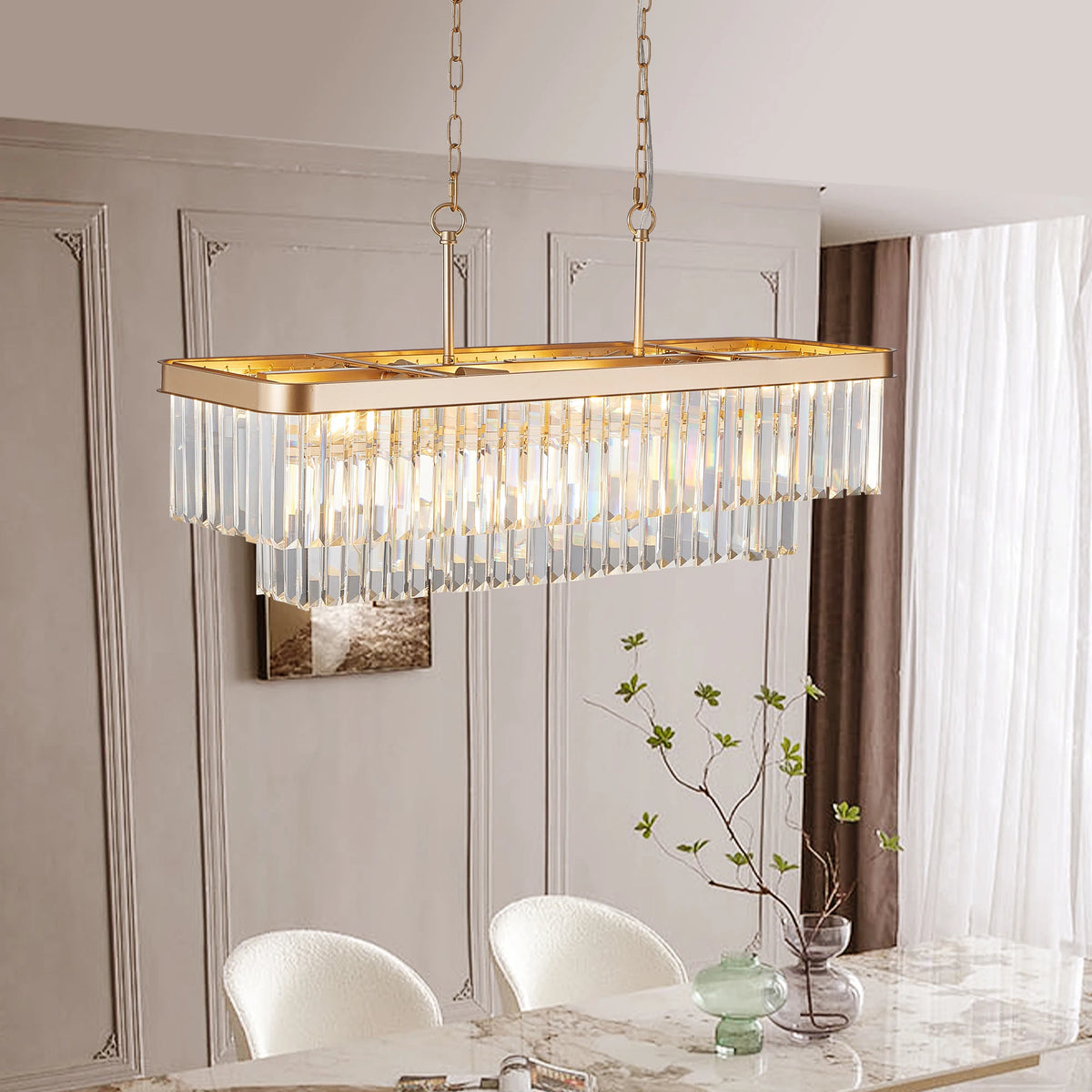 Modern Crystal 11-Light Rectangular Chandelier | Gold Pendant Ceiling Light