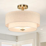 Modern Fabric Semi Flush Mount Ceiling Light | Brushed Brass Drum Light