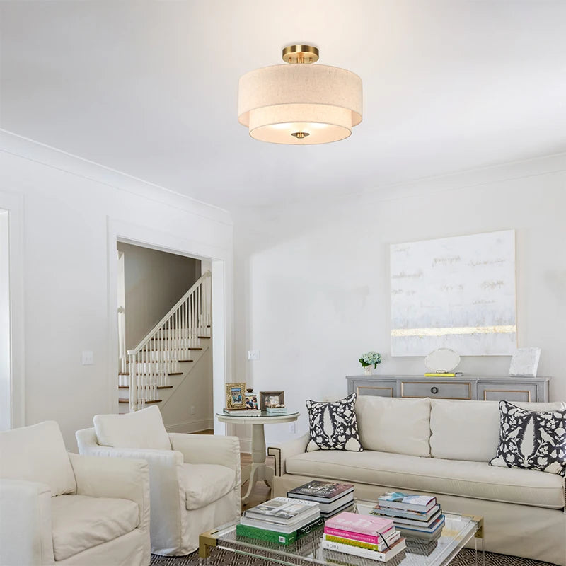 Modern Fabric Semi Flush Mount Ceiling Light | Brushed Brass Drum Light
