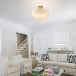 Modern Fabric Semi Flush Mount Ceiling Light | Brushed Brass Drum Light