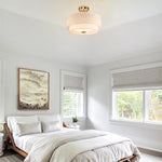 Modern Fabric Semi Flush Mount Ceiling Light | Brushed Brass Drum Light