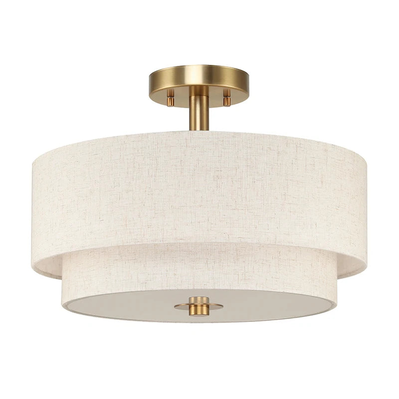 Modern Fabric Semi Flush Mount Ceiling Light | Brushed Brass Drum Light