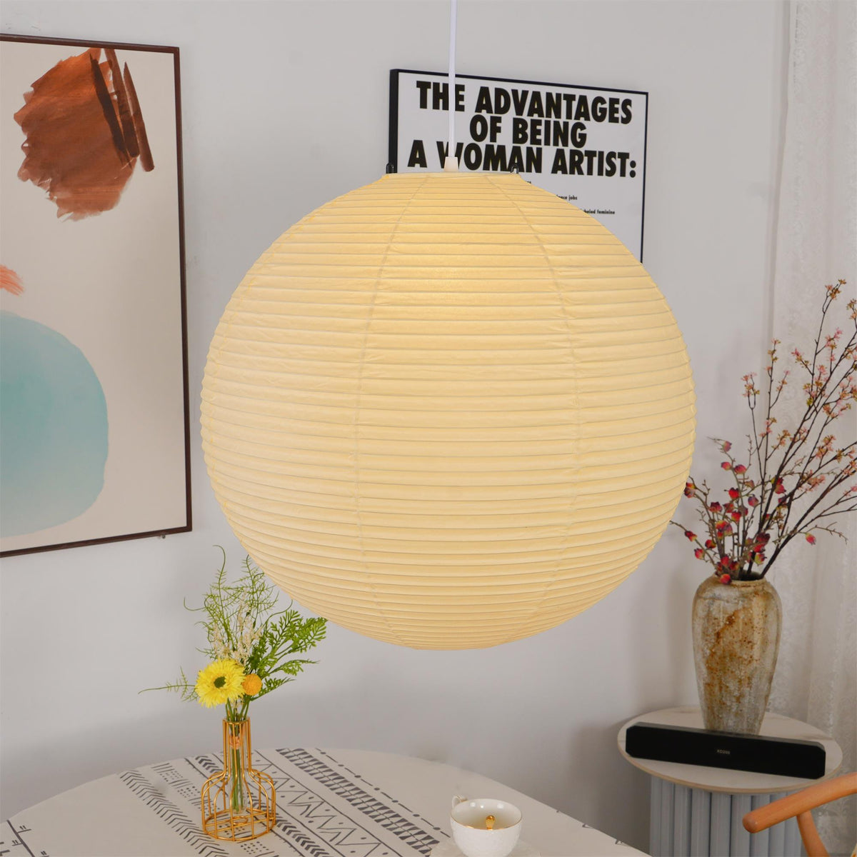 Ribbed Rice Paper Globe Pendant Light
