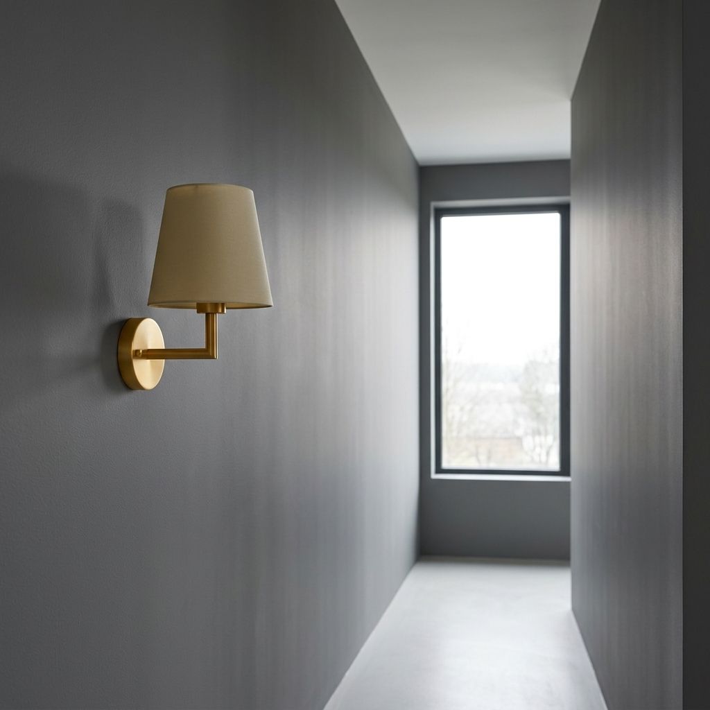 Wireless fabric wall sconce installed as a functional accent on a dark grey bedroom corridor wall.