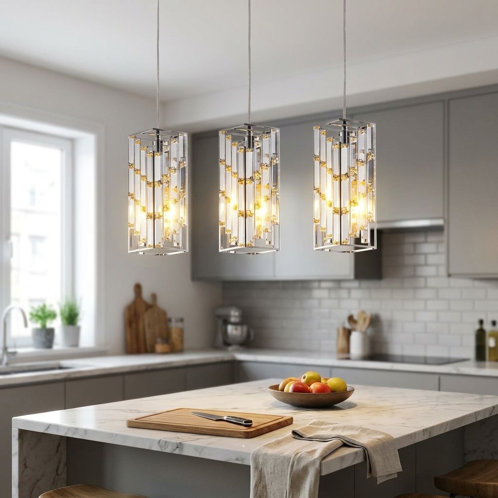 Full view of three modern chrome crystal pendant lights installed above a contemporary kitchen island with ambient lighting and natural daylight.