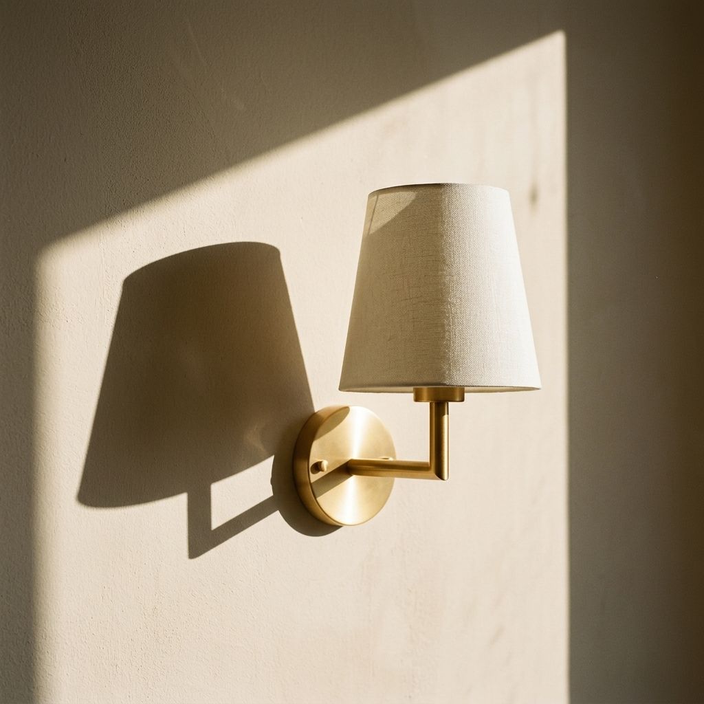 Close-up of a fabric wall sconce with a brushed metal arm mounted on a textured plaster wall.