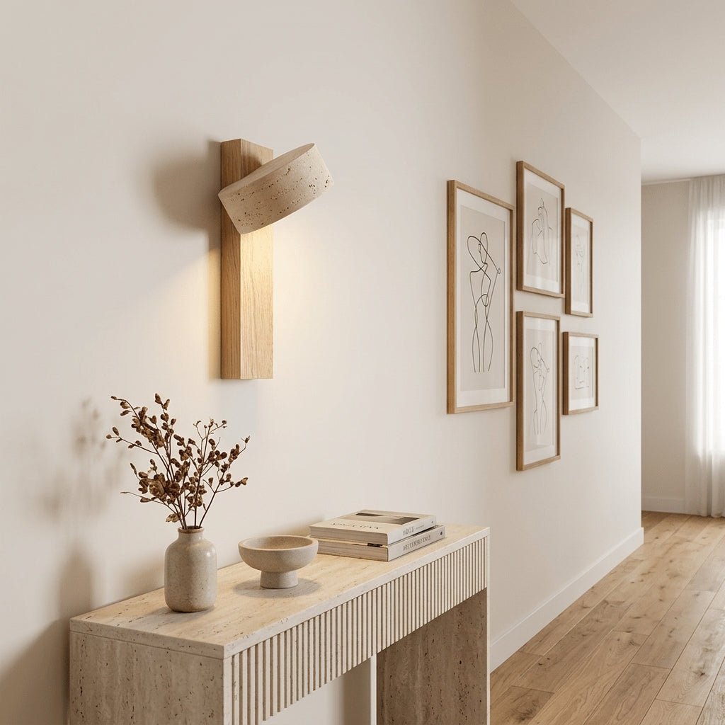 1-Light LED Wall Sconce with Travertine and Wood Design