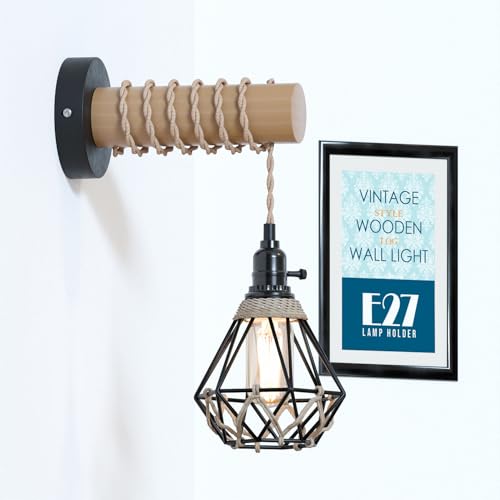 Industrial Rustic Wall Light – Black Metal Cage & Wood Arm with Hemp Rope, E27 Fitting