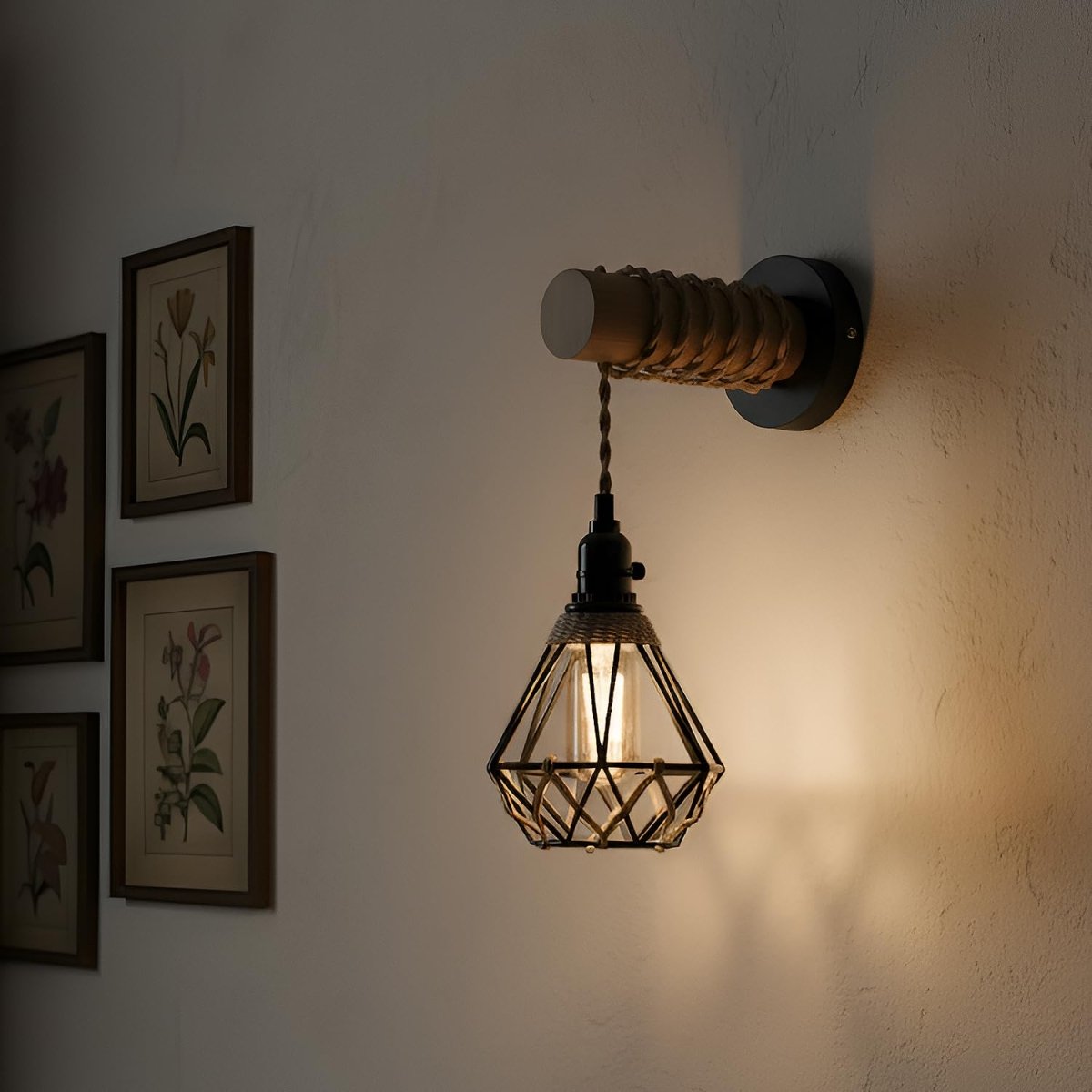 Industrial Rustic Wall Light – Black Metal Cage & Wood Arm with Hemp Rope, E27 Fitting