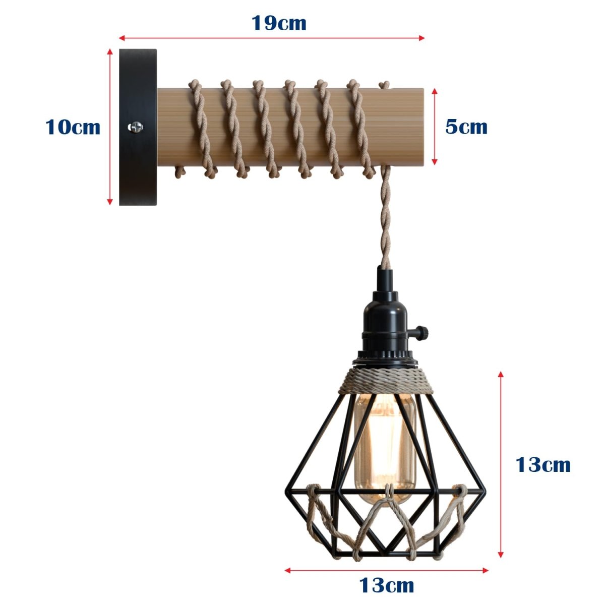 Industrial Rustic Wall Light – Black Metal Cage & Wood Arm with Hemp Rope, E27 Fitting
