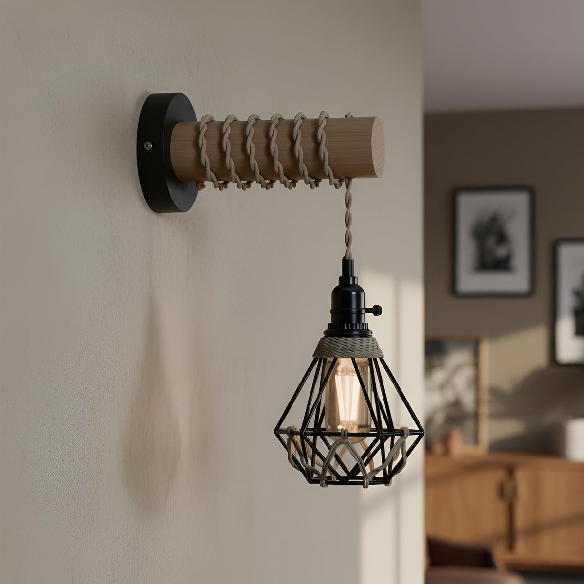 Industrial Rustic Wall Light – Black Metal Cage & Wood Arm with Hemp Rope, E27 Fitting