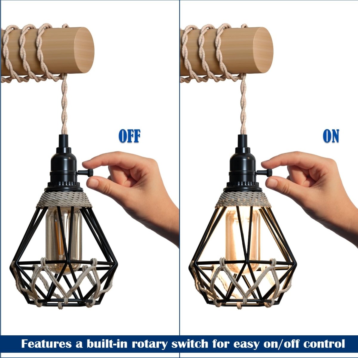 Industrial Rustic Wall Light – Black Metal Cage & Wood Arm with Hemp Rope, E27 Fitting