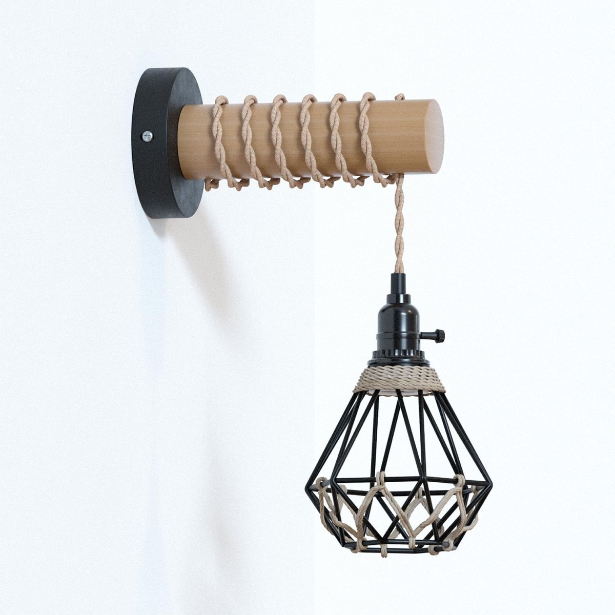 Industrial Rustic Wall Light – Black Metal Cage & Wood Arm with Hemp Rope, E27 Fitting