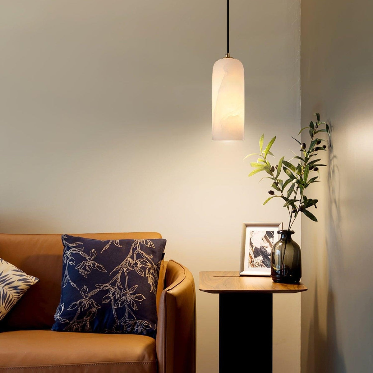 Alabaster Cylinder Pendant Light with Brass Detail