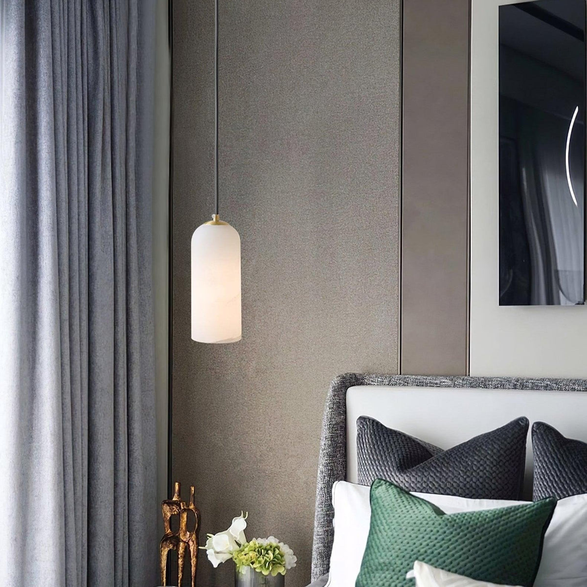 Alabaster Cylinder Pendant Light with Brass Detail