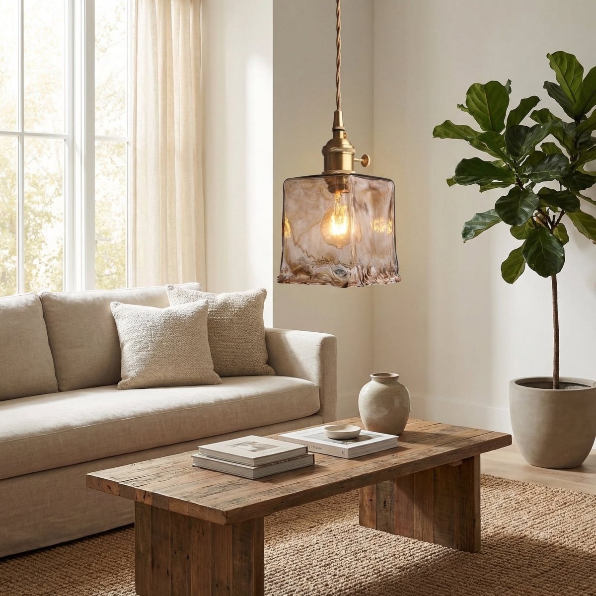 Amber Marble Glass Pendant Light Fixture - Vintage Style, 12-inch