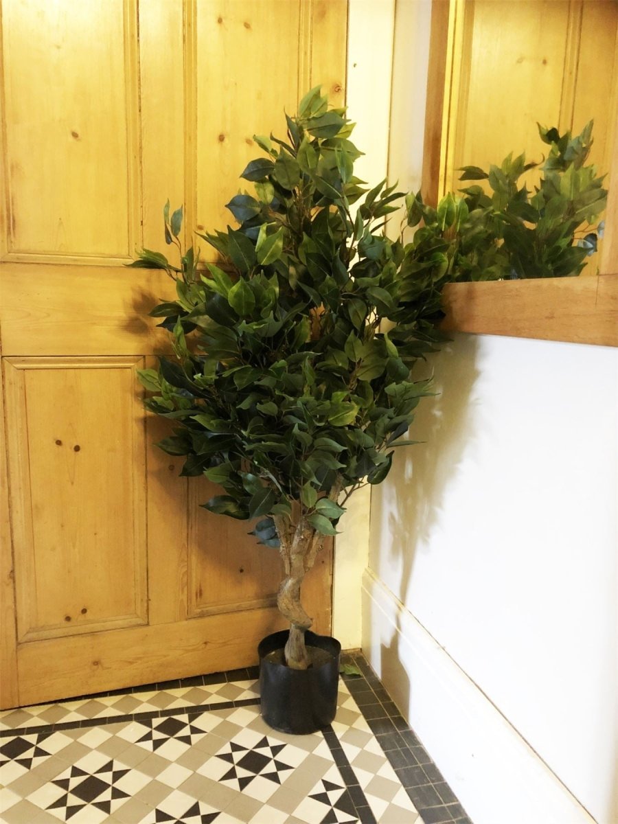 Artificial Ficus Tree 110cm – Indoor Fake Plant with Silver Hammered Metal Planter