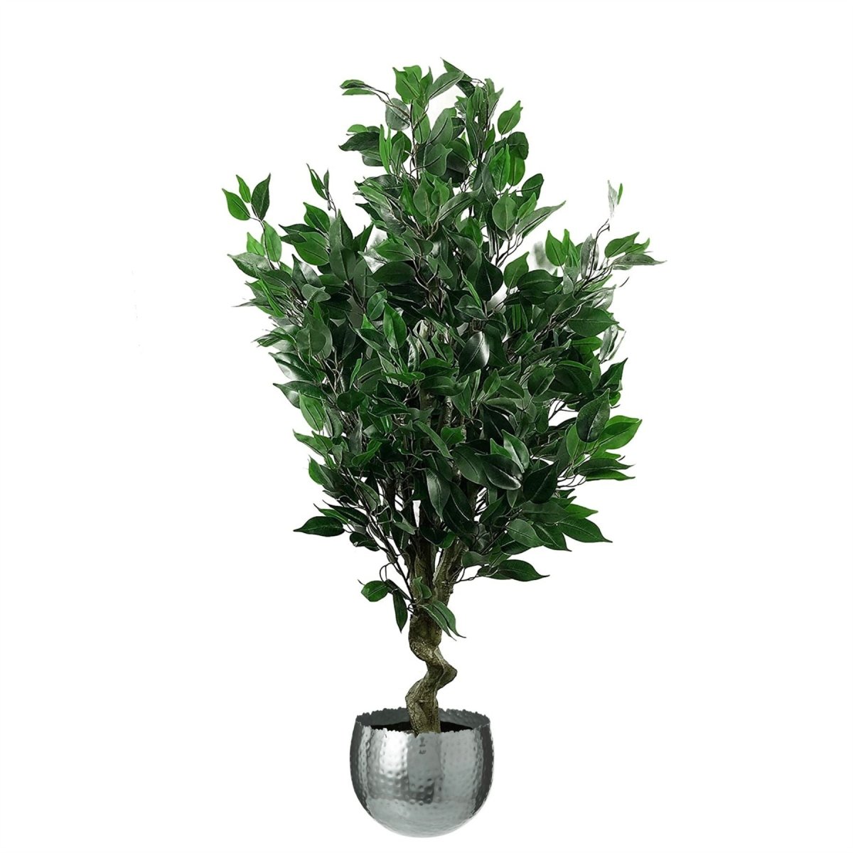 Artificial Ficus Tree 110cm – Indoor Fake Plant with Silver Hammered Metal Planter