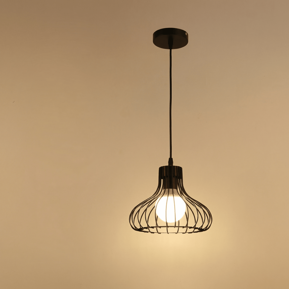 Black Metal Industrial Cage Pendant Light Fixture, 12-inch Diameter