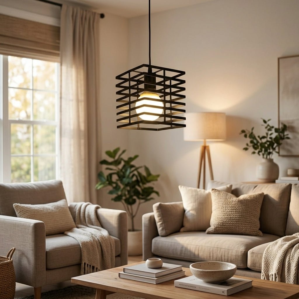 Black Square Cage Pendant Light - Metal, Modern Design, 12x12 inches