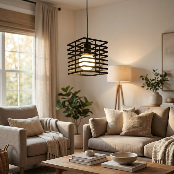 Black Square Cage Pendant Light - Metal, Modern Design, 12x12 inches2