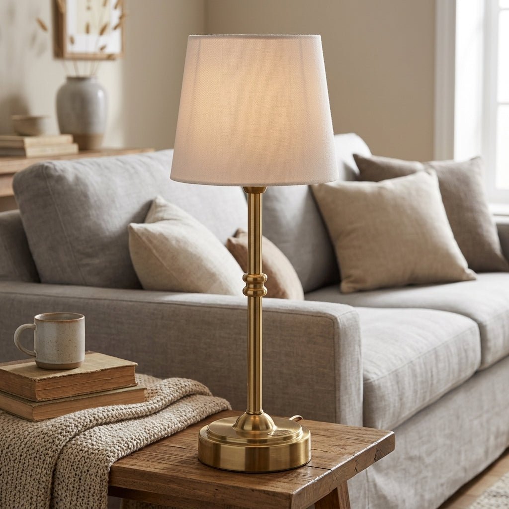 Brass Table Lamp with Fabric Shade - 18 Inch Height