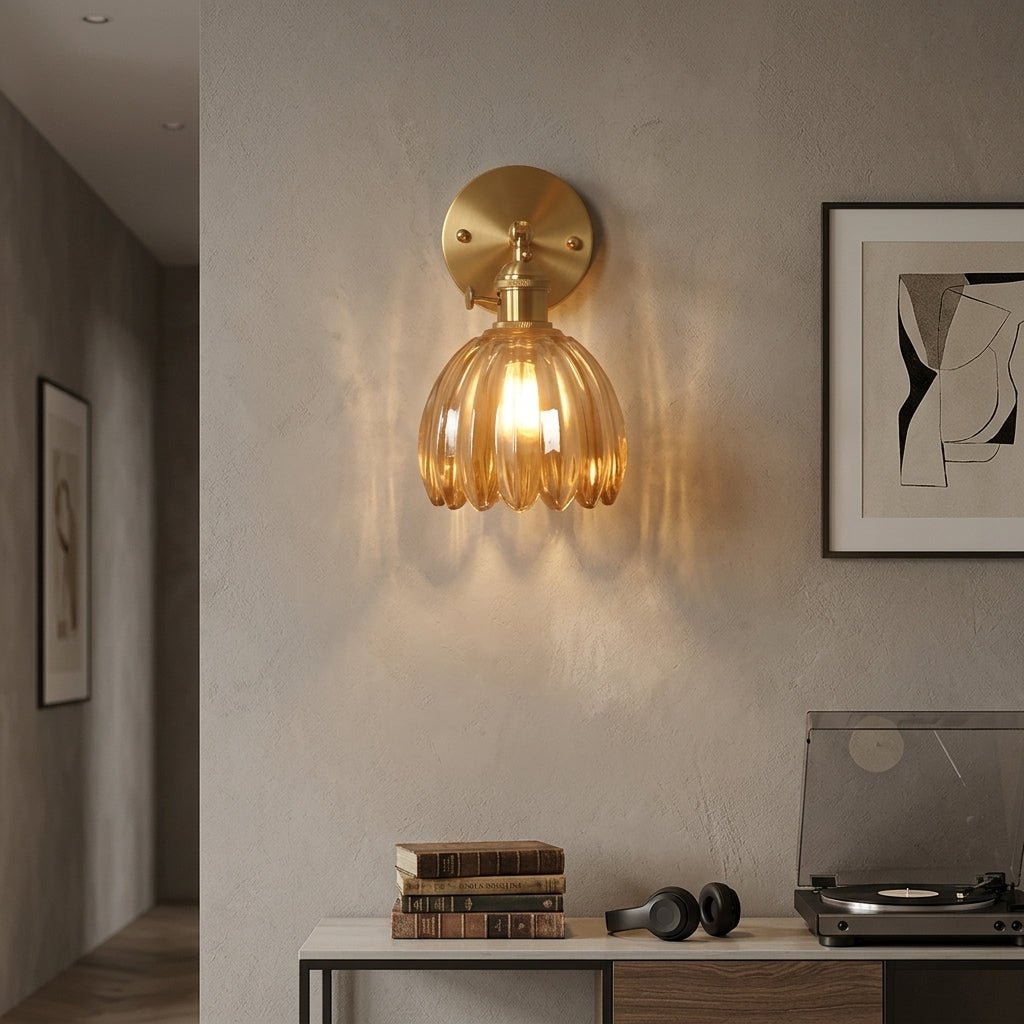 Brass Tulip Glass Wall Sconce Light Fixture - Single Bulb