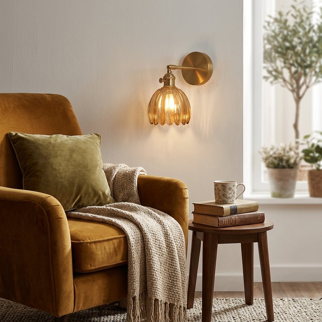 Brass Tulip Glass Wall Sconce Light Fixture - Single Bulb