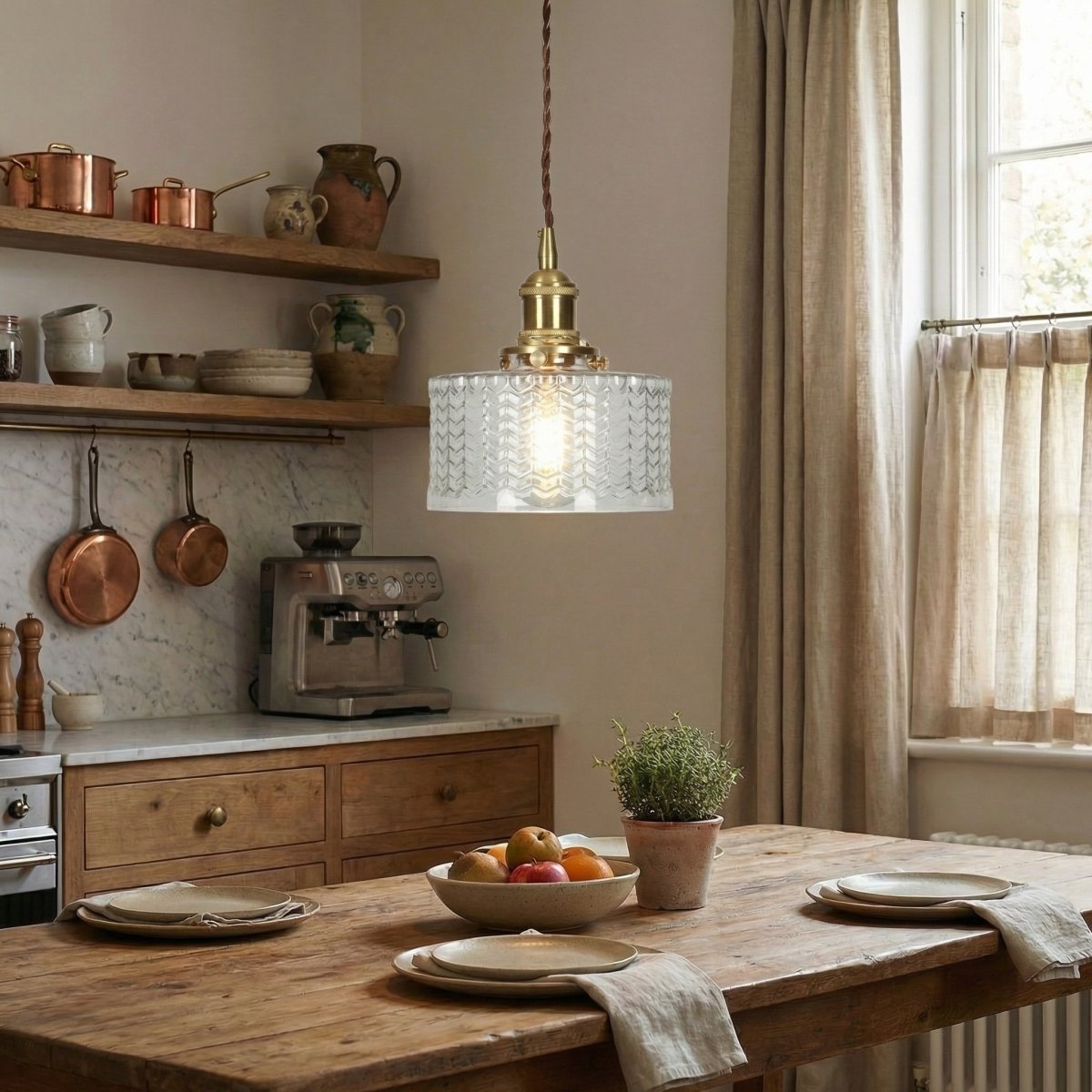 Brass and Glass Pendant Light Fixture - Vintage Style, 12 inches