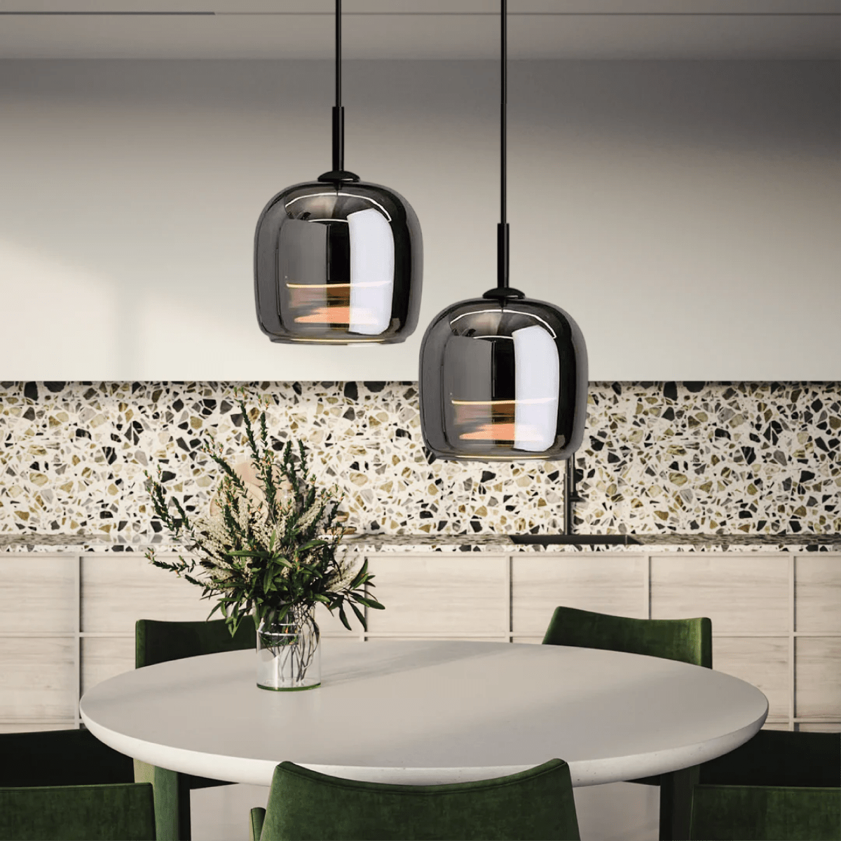 Contemporary Black Glass Pendant Light Fixture, 12-inch Diameter