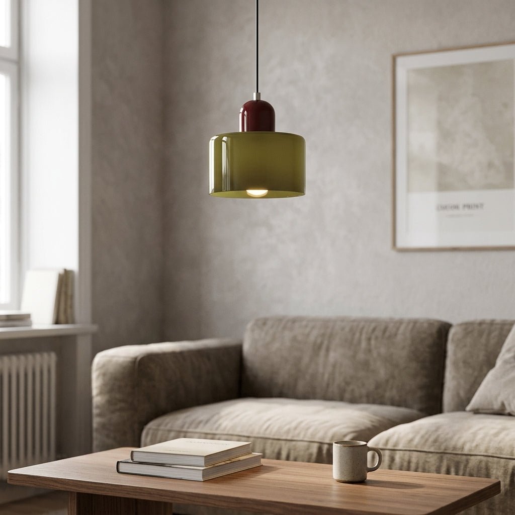 Cylindrical Glass Shade Pendant Light Fixture, 12-inch Height