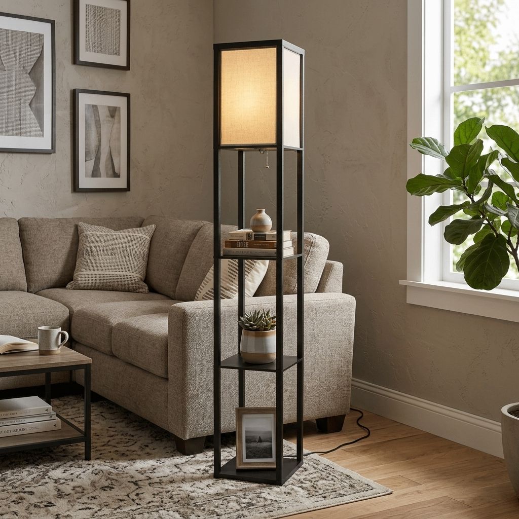 Fabric Shade Floor Lamp with Built-in Storage Shelves, 60 inches