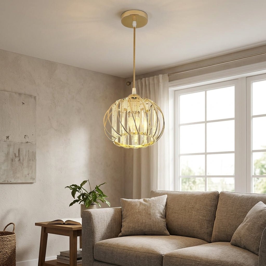 Glass Pendant Light with Wire Frame, Spherical Design, 12-inch Size