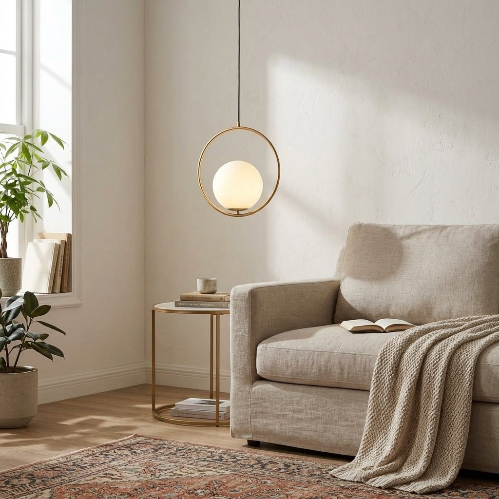Gold Ring Pendant Light with Glass Globe Shade - Modern Design