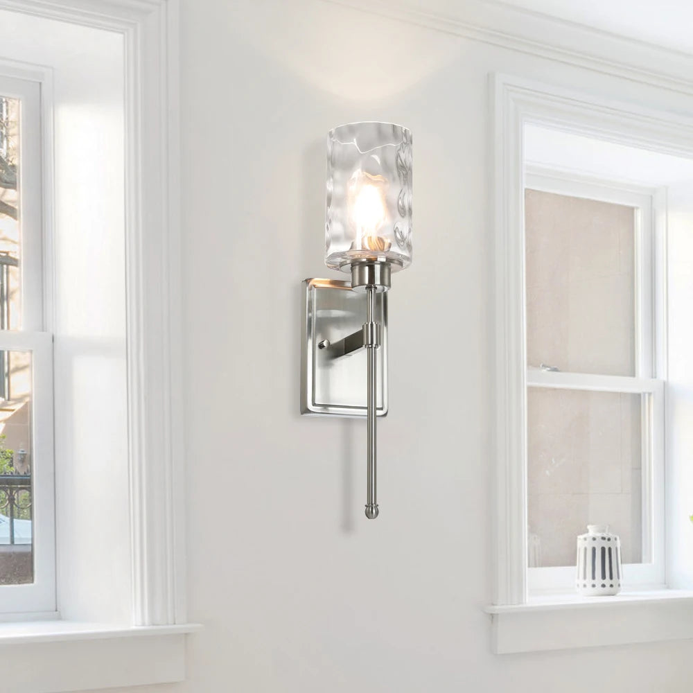 Brushed Nickel Glass Wall Sconce | E26 Indoor Bathroom & Living Room Light