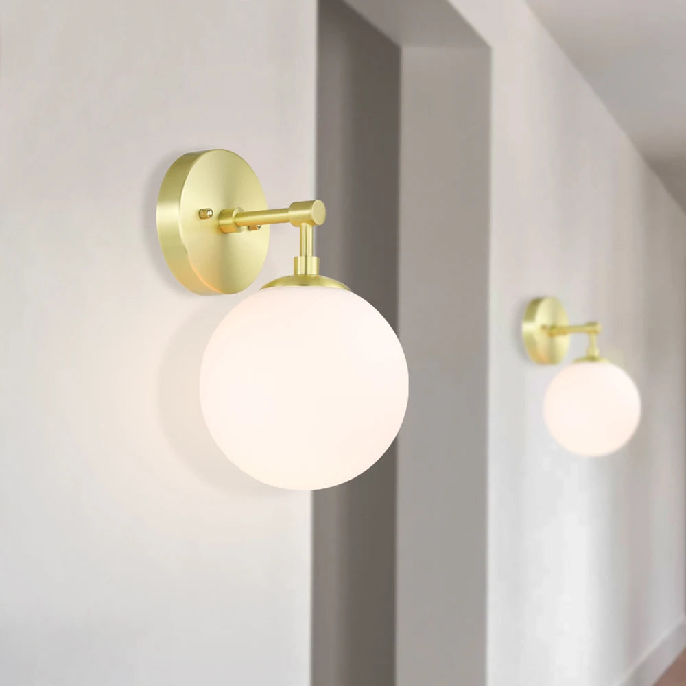 Brass Globe Wall Sconce with White Glass | E26 Bedroom Light