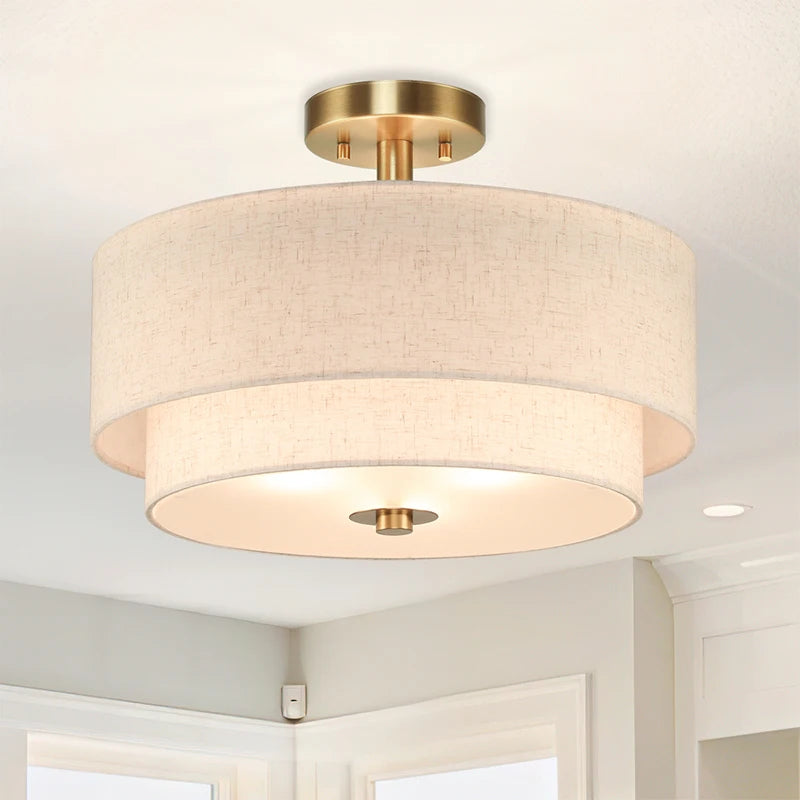 Modern Fabric Semi Flush Mount Ceiling Light | Brushed Brass Drum Light