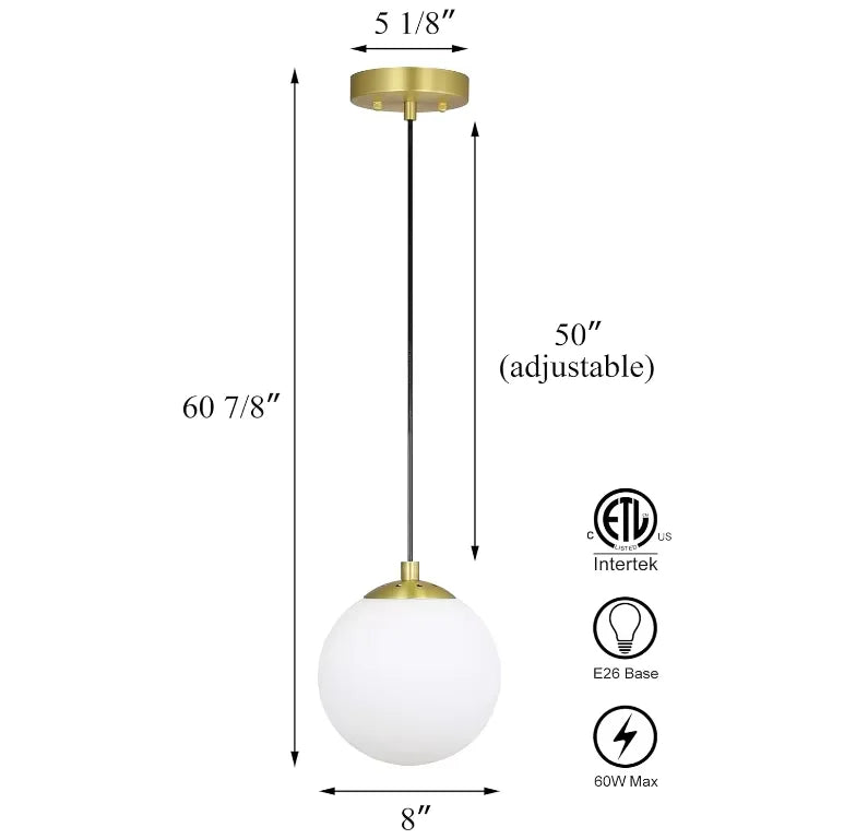 Brass Globe Pendant Light | Adjustable E26 Glass Ceiling Light