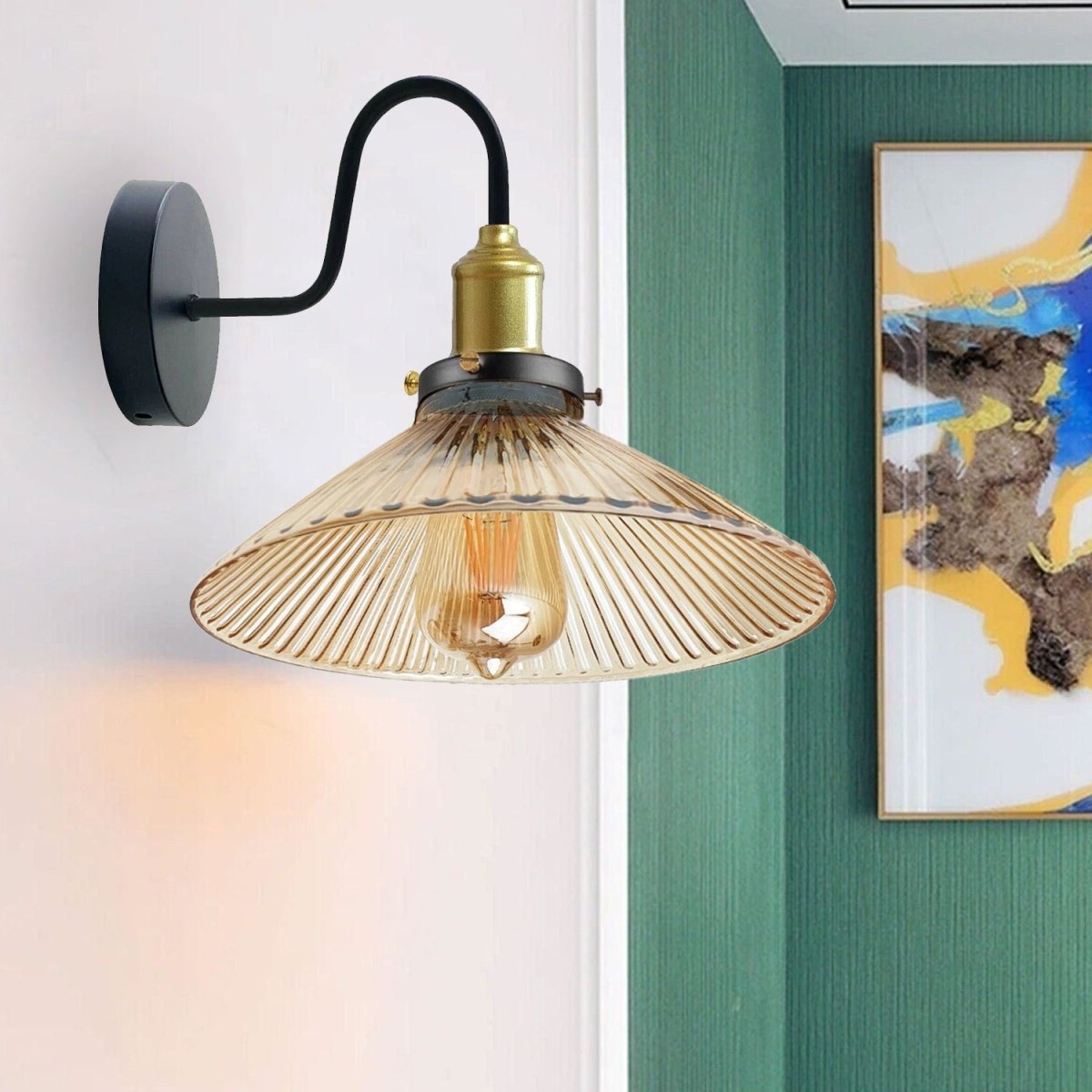 Industrial Amber Glass Wall Light – Ribbed Shade, E27 Fitting, Hardwired