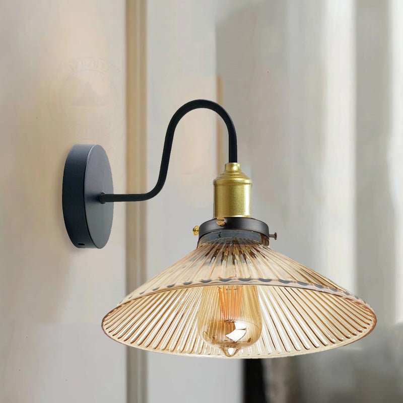 Industrial Amber Glass Wall Light – Ribbed Shade, E27 Fitting, Hardwired