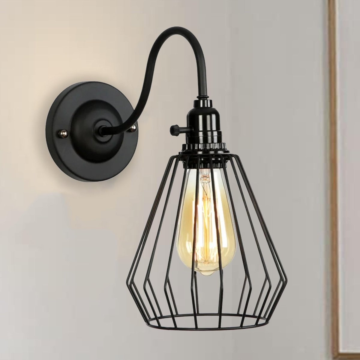 Industrial Black Cage Wall Light – E27 Fitting, Iron Metal Shade, Hardwired