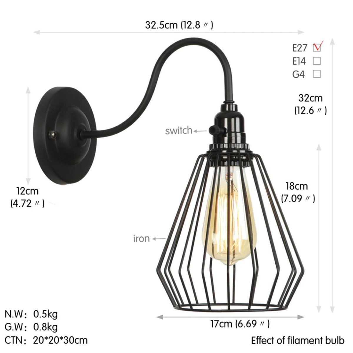 Industrial Black Cage Wall Light – E27 Fitting, Iron Metal Shade, Hardwired