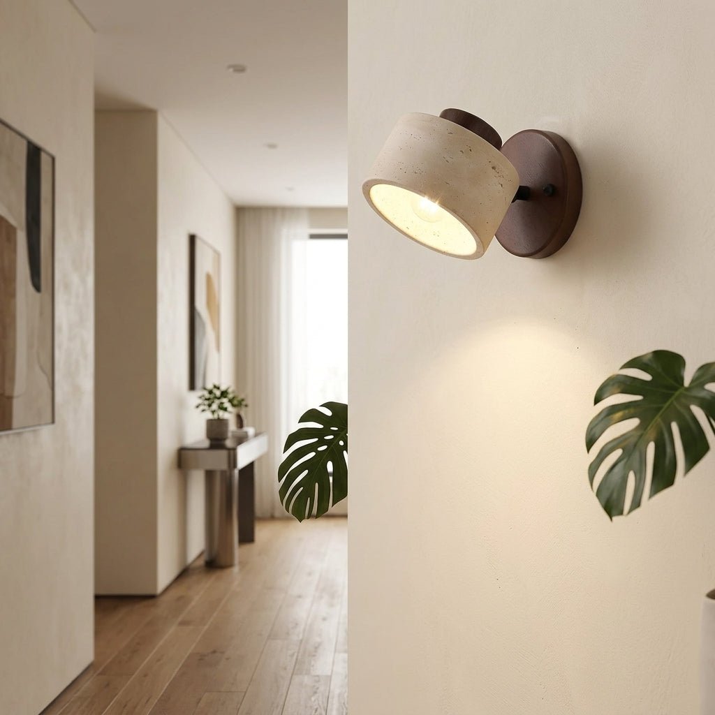 LED Wall Sconce - Minimalist Cylinder Design in Travertine and Wood