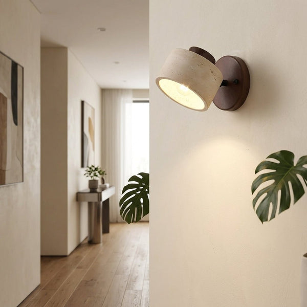 LED Wall Sconce - Minimalist Cylinder Design in Travertine and Wood2