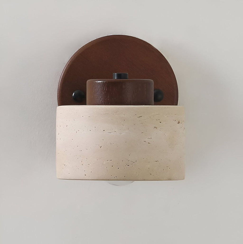 LED Wall Sconce - Minimalist Cylinder Design in Travertine and Wood