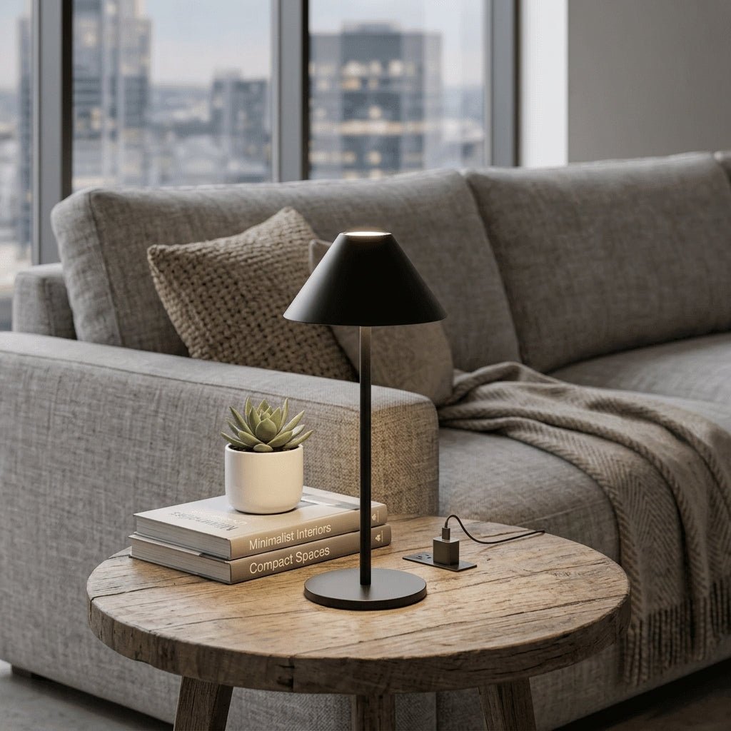 Minimalist LED Table Lamp - Metal Base, 15 inches Tall, Warm Light