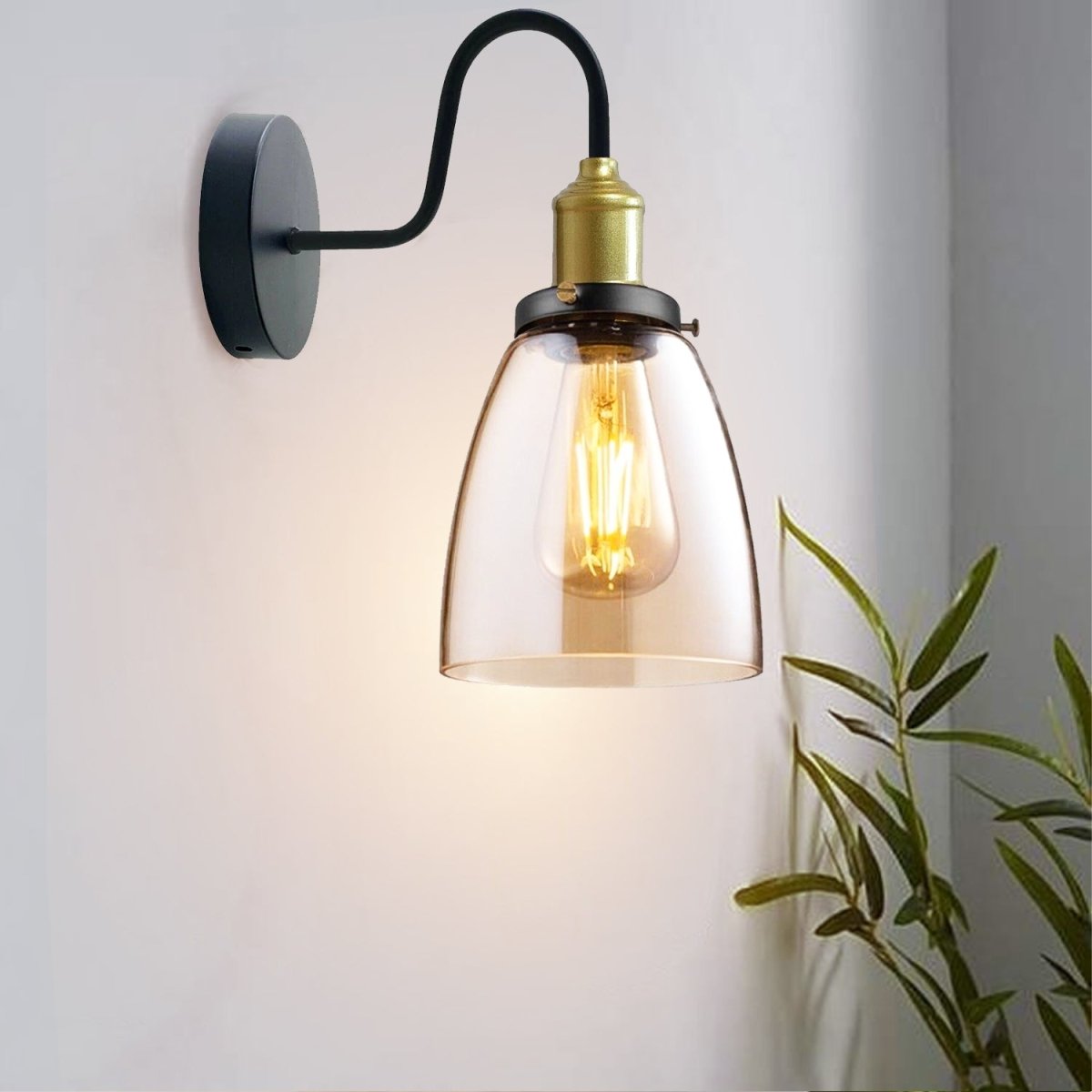 Modern Amber Glass Wall Sconce – Copper-Plated Base, E27 Fitting, Hardwire