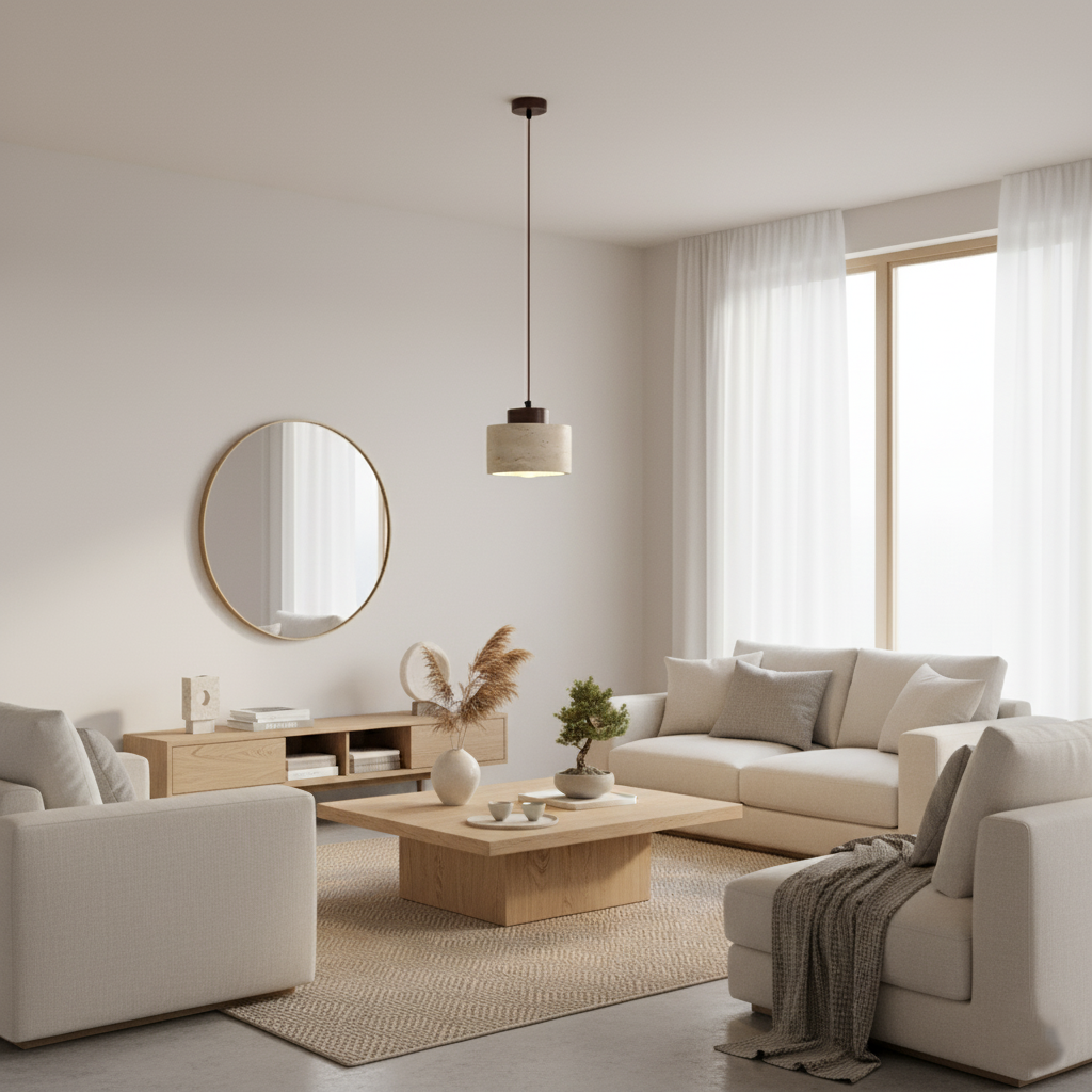Natural Stone Pendant Light with Wood Detail