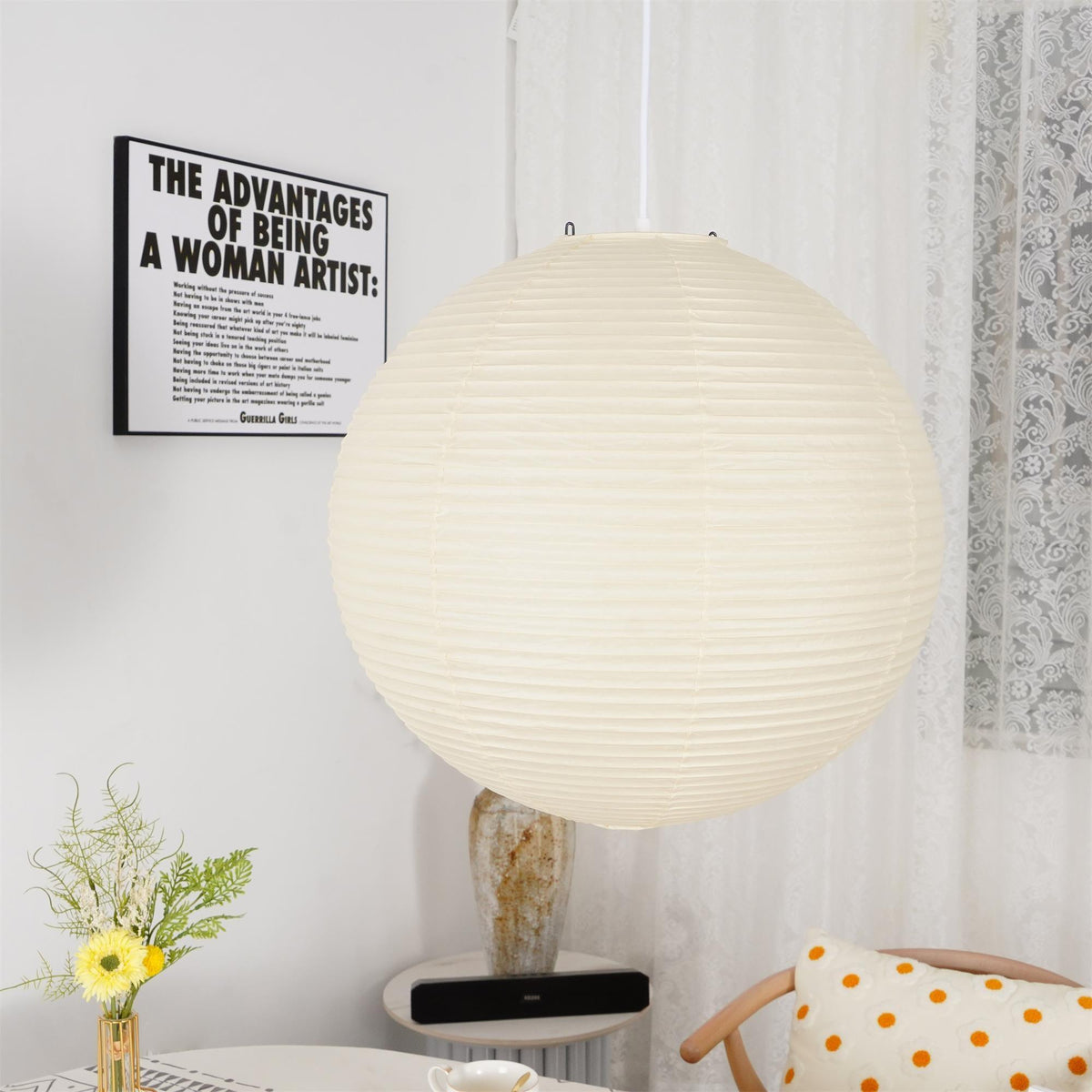 Ribbed Rice Paper Globe Pendant Light