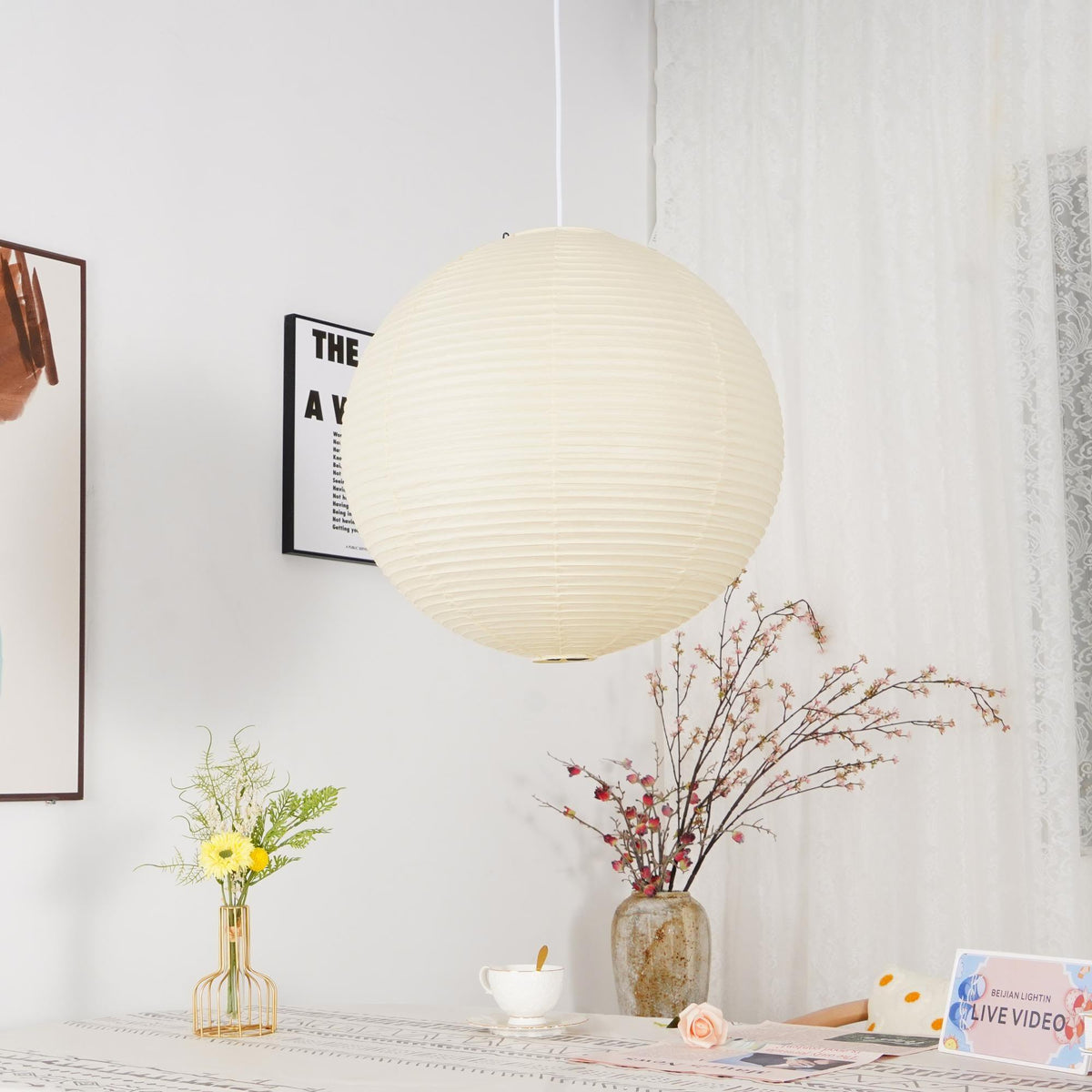 Ribbed Rice Paper Globe Pendant Light